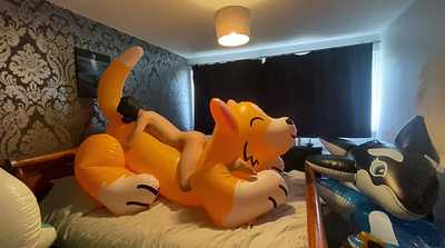 Pup Rides and Cums on His HUGE Inflatable Corgi
