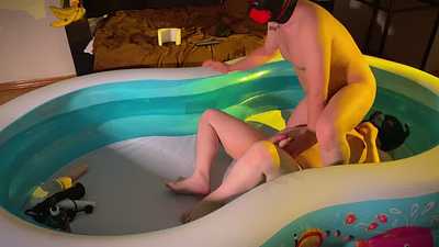 Hungry puppy bouncing on big pup's dick