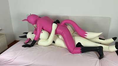 Rubber cow and pink fox horny cuddles